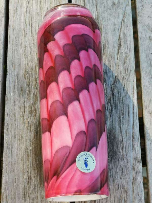 A wonderful organic pink, purple & white glass vase, made by Mtarfa of Malta, signed to base.