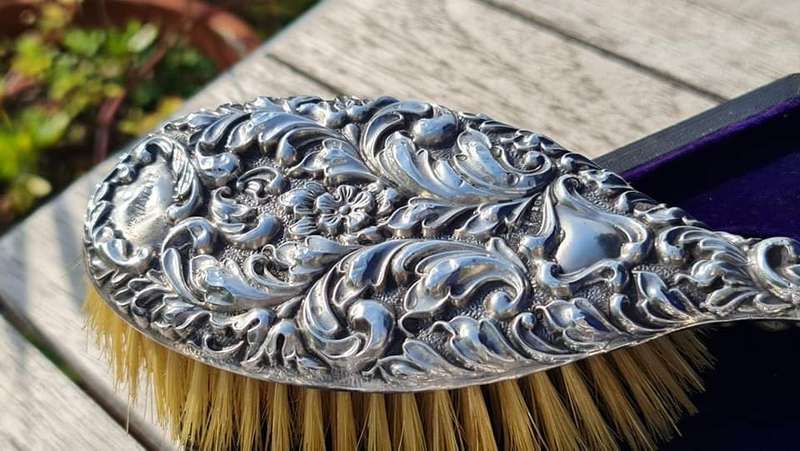 Exquisite antique three piece floral repousse STERLING SILVER dresser set