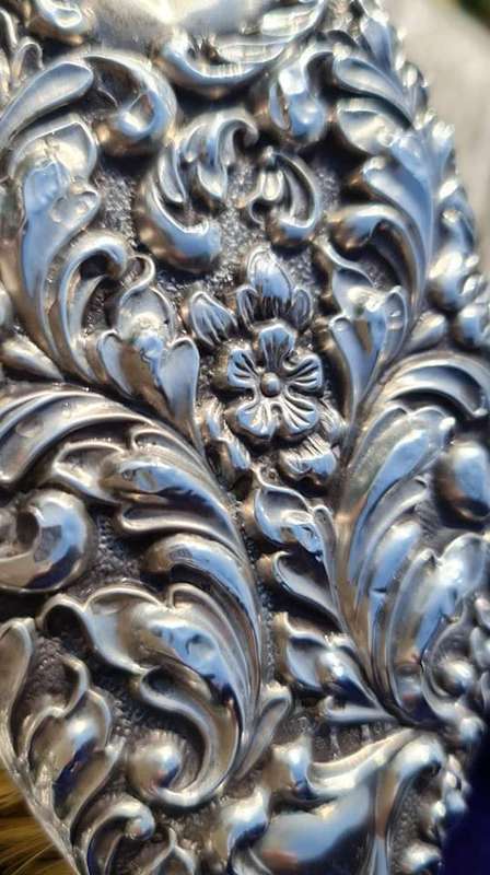 Exquisite antique three piece floral repousse STERLING SILVER dresser set