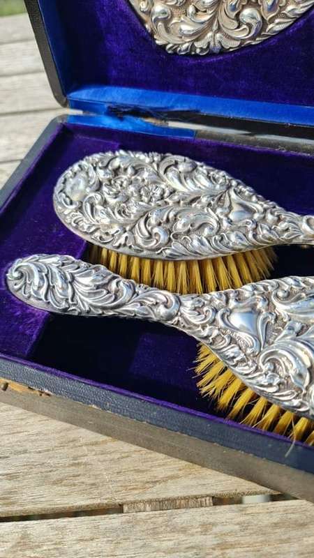 Exquisite antique three piece floral repousse STERLING SILVER dresser set