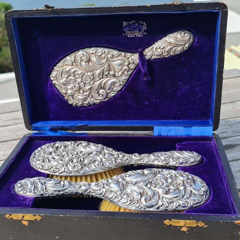 Exquisite antique three piece floral repousse STERLING SILVER dresser set