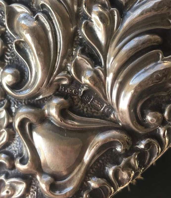 Exquisite antique three piece floral repousse STERLING SILVER dresser set