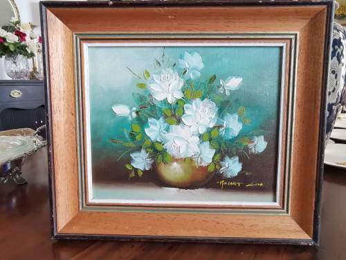 Gorgeous Little Original Oil Painting by Robert Cox of White Roses in Vase.