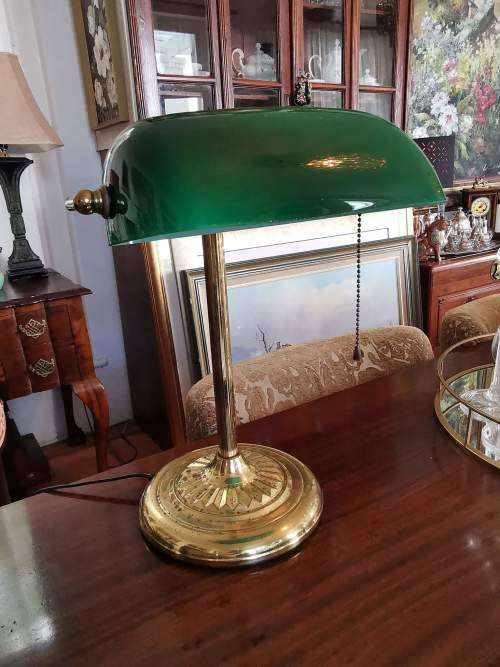 Brass and Emerald Green Glass Shade Bankers Desk Lamp with Chain Switch and Swivel Shade.