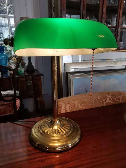 Brass and Emerald Green Glass Shade Bankers Desk Lamp with Chain Switch and Swivel Shade.