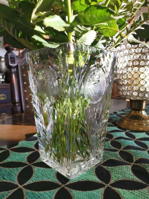 Crystal Vase Large with beautiful etched flower detail.