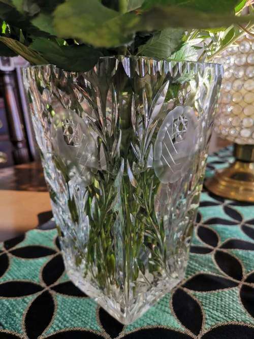 Crystal Vase Large with beautiful etched flower detail.