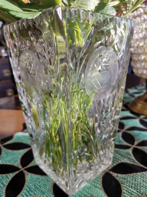 Crystal Vase Large with beautiful etched flower detail.