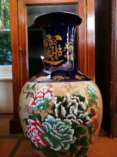 Oriental Porcelain Vase. Painted Flowers and Birds. 62cm tall.
