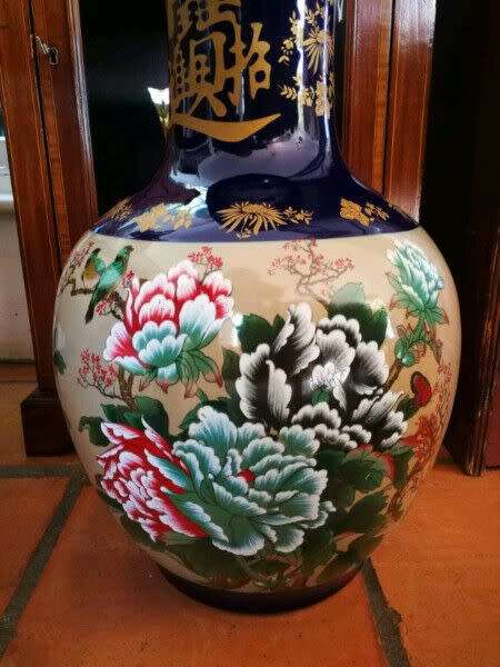 Oriental Porcelain Vase. Painted Flowers and Birds. 62cm tall.