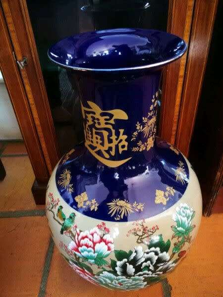 Oriental Porcelain Vase. Painted Flowers and Birds. 62cm tall.