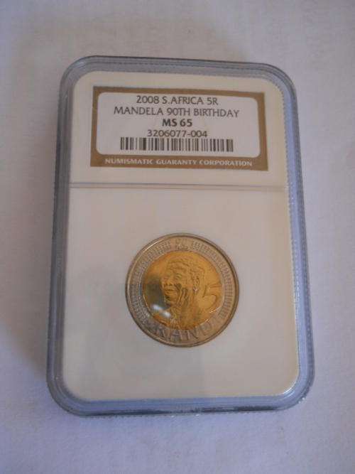 2008 South Africa R5 Mandella Birthday UNC coin graded MS 65