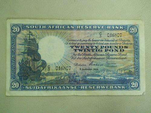SA 20 Pounds note signed by W H Clegg in an F condition, one pin hole, dated 3/9/1928