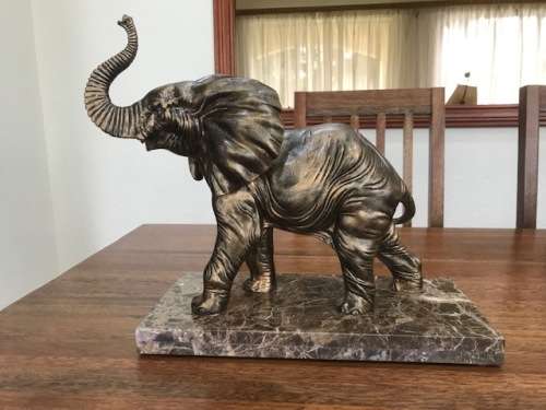 STUNNING - LARGE BRONZE COLORED RESIN CAST ELEPHANT ON MARBLE BASE