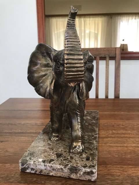 STUNNING - LARGE BRONZE COLORED RESIN CAST ELEPHANT ON MARBLE BASE