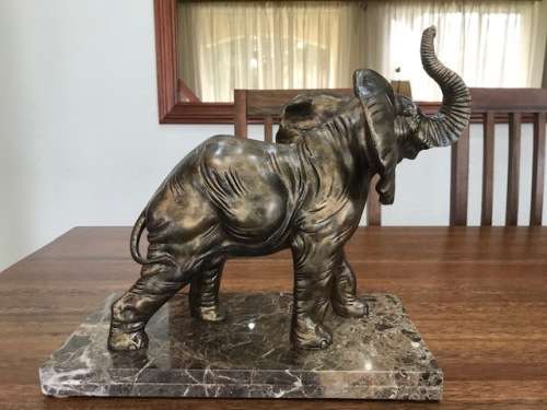 STUNNING - LARGE BRONZE COLORED RESIN CAST ELEPHANT ON MARBLE BASE