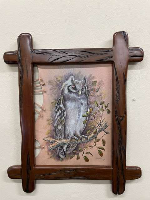 AN ORIGINAL CAROL NOTHNAGEL PAINTING ON GENUINE LEATHER WITH SOLID WOOD FRAME (LOT 2)