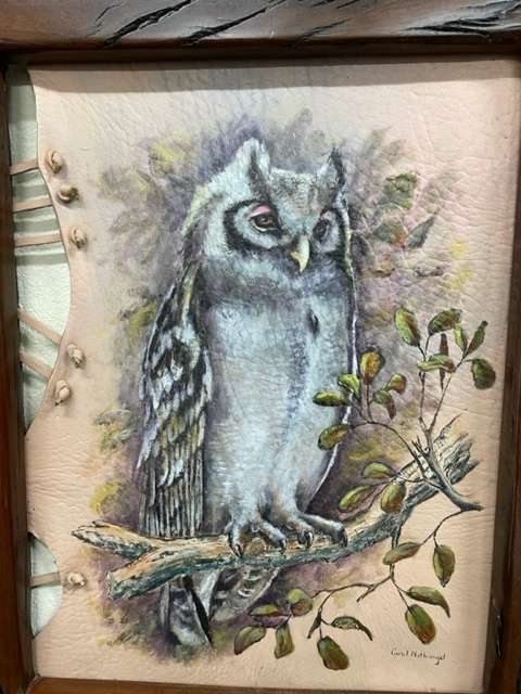 AN ORIGINAL CAROL NOTHNAGEL PAINTING ON GENUINE LEATHER WITH SOLID WOOD FRAME (LOT 2)