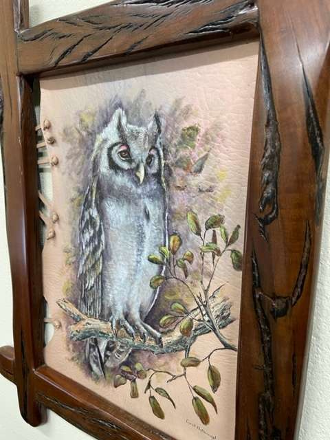 AN ORIGINAL CAROL NOTHNAGEL PAINTING ON GENUINE LEATHER WITH SOLID WOOD FRAME (LOT 2)