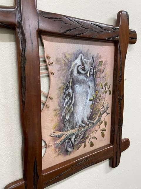 AN ORIGINAL CAROL NOTHNAGEL PAINTING ON GENUINE LEATHER WITH SOLID WOOD FRAME (LOT 2)