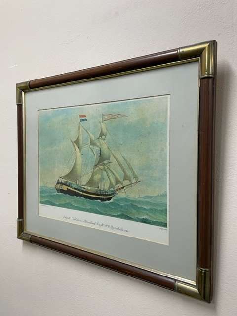 LARGE, GENOVA SHIPS LITHOGRAPH IN SOLID WOOD & BRASS FRAME (3 OF 4)