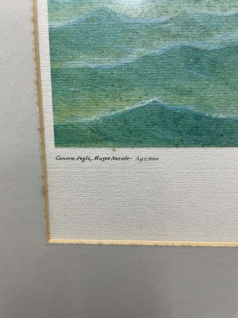 LARGE, GENOVA SHIPS LITHOGRAPH IN SOLID WOOD & BRASS FRAME (3 OF 4)