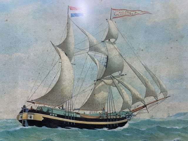 LARGE, GENOVA SHIPS LITHOGRAPH IN SOLID WOOD & BRASS FRAME (3 OF 4)