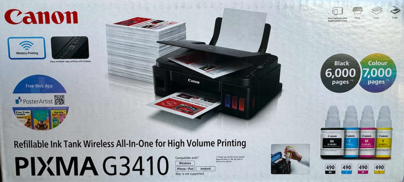 Canon PIXMA G3410 A4 3-in-1 Multifunction, Refillable Ink Tank, Wi-Fi Printer. Extra ink included!