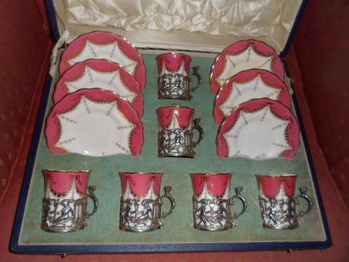 STUNNING BOXED 6 SETTING  COALPORT COFFEE SERVICE WITH SILVER HOLDERS