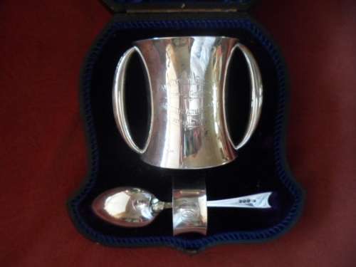 LARGE 3 PIECE BOXED SILVER CHRISTENING SET