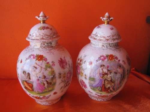 Two Von Schierholz Hand Painted Lidded Scenic Figural Urns