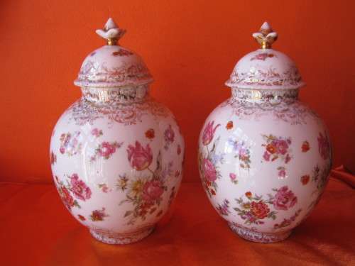 Two Von Schierholz Hand Painted Lidded Scenic Figural Urns