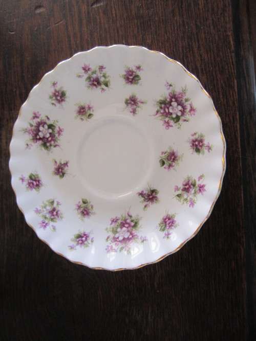 6 ROYAL ALBERT SWEET VIOLETS TRIOS. ONE BROKEN SAUCER