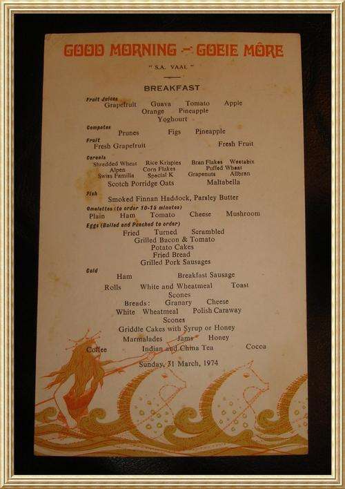 Original - Union Castle Lines Transvaal Castle / SA Vaal Good Morning Menu 31/03/1974  from Blisful