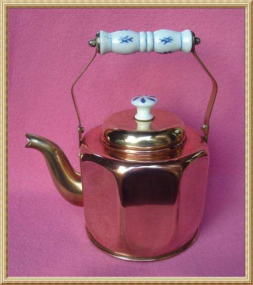 Stunning Copper & Brass Kettle with Blue & White Porcelain Handle & Finial from Blisful