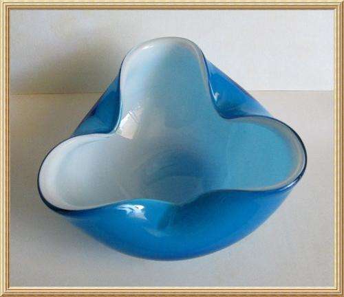 Elegant Cyan ( Blue ) Murano Glass Bowl with pulled in rim, from Blisful