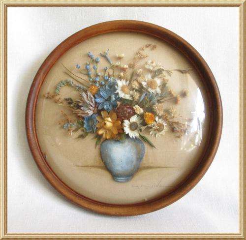 Vintage English Round Convex Glass & Wood Framed " Real Flowers " from Blisful