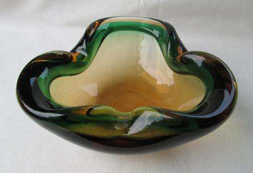 Vintage Solid Green & Brown Murano Glass Ashtray from Blisful