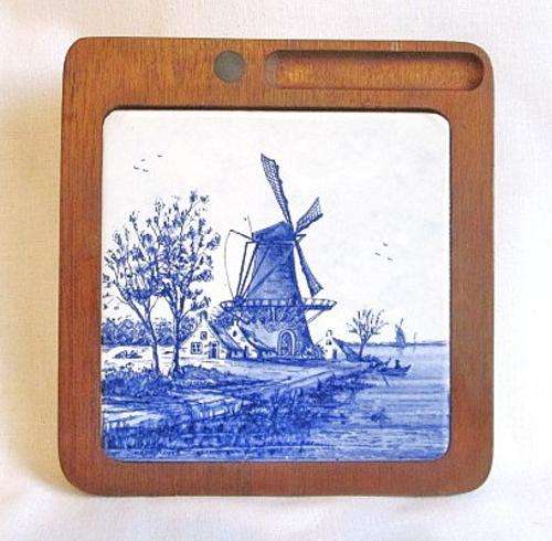 Vintage Solid Wood and Tiled Blue & White Delft Windmill Cheese Board from Blisful