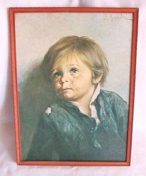 Vintage Solid Wooden Framed 'Crying Boy' from Blisful