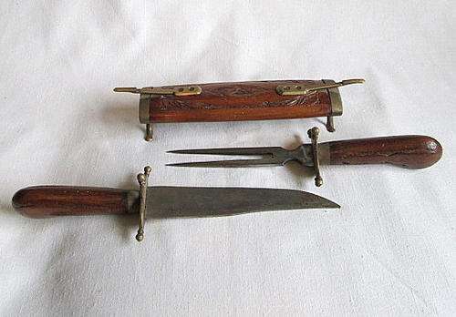 Vintage Rose Wood & Brass Ornate Carving Set from Blisful