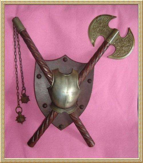 DOUBLE HEAD AXE & MORNING STAR FLAIL on SHIELD PLAQUE from BLISFUL