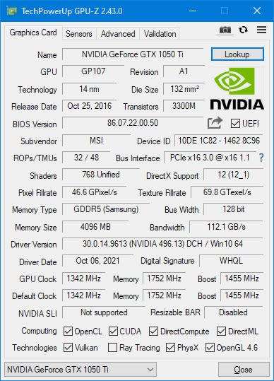 MSI GTX 1050 Ti 4GB