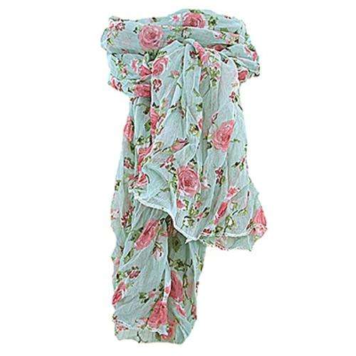 Floral Chiffon Scarf - Light Turquoise, Pink & Rose