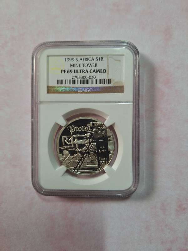 1999 SOUTH AFRICAN SILVER R1 - MINE TOWER PF69 ULTRA CAMEO