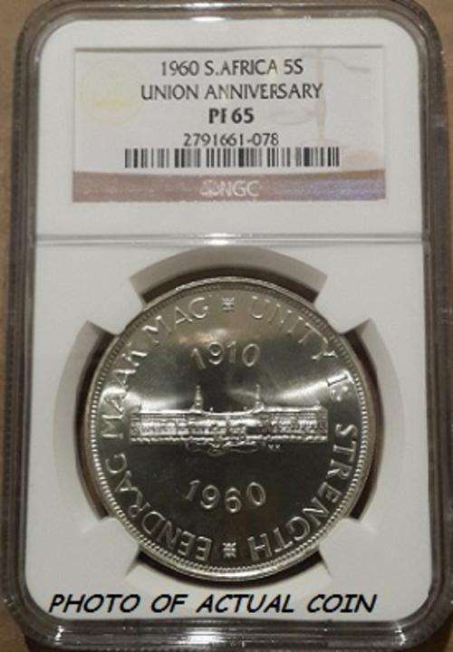 ***RARE PROOF PF65 - 1960 SOUTH AFRICA 5 SHILLINGS**UNION BUILDINGS ON OBVERSE
