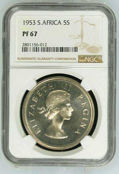 FINEST KNOWN PROOF - 1953 SOUTH AFRICA  5 SHILLING  - PF67 NGC