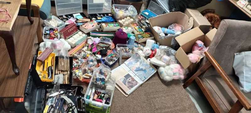 Lifetime collection of crochet, sewing and needlework items.