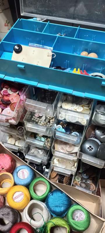 Lifetime collection of crochet, sewing and needlework items.