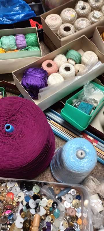 Lifetime collection of crochet, sewing and needlework items.